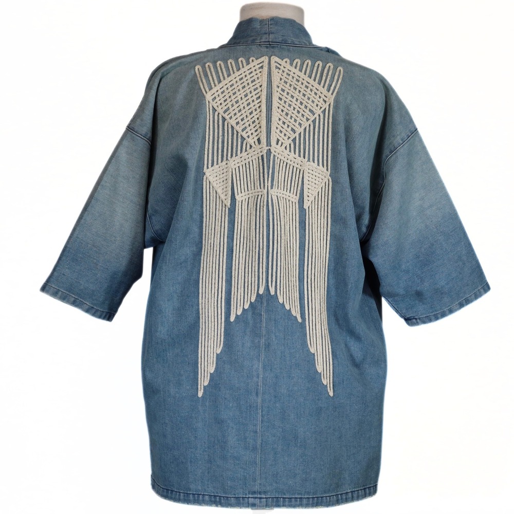 Sandrine Rose Free People Denim Kimono Jacket Women S Blue Macrame Back Boho USA